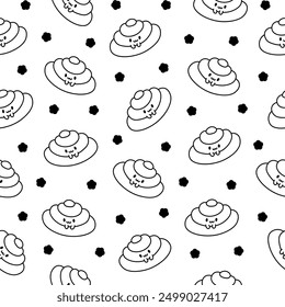Nettes Kawaii-Brot mit Smiley-Gesicht. Nahtloses Muster. Malvorlage. Bakery Food Cartoon-Figuren. Handgezeichneter Stil. Vektorgrafik. Gestalten Sie Ornamente.