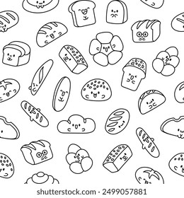 Cute kawaii bread with smiley face. Seamless pattern. Coloring Page. Bakery food cartoon characters. Hand drawn style. Vector drawing. Design ornaments.