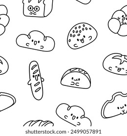 Lindo pan kawaii con cara sonriente. Patrón sin fisuras. Página para colorear. Personajes de dibujos animados de comida de panadería. Estilo dibujado a mano. Dibujo de Vector. Diseña adornos.