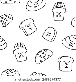 Cute kawaii bread with smiley face. Seamless pattern. Coloring Page. Bakery food cartoon characters. Hand drawn style. Vector drawing. Design ornaments.