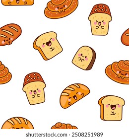 Cute kawaii bread with smiley face. Seamless pattern. Bakery food cartoon characters. Hand drawn style. Vector drawing. Design ornaments.