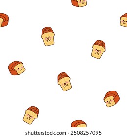 Lindo pan kawaii con cara sonriente. Patrón sin fisuras. Personajes de dibujos animados de comida de panadería. Estilo dibujado a mano. Dibujo de Vector. Diseña adornos.