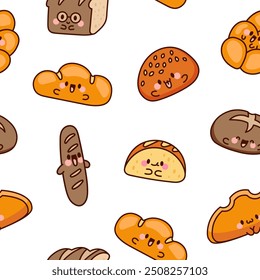 Cute kawaii bread with smiley face. Seamless pattern. Bakery food cartoon characters. Hand drawn style. Vector drawing. Design ornaments.