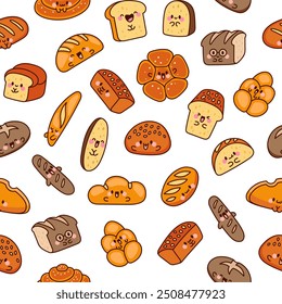 Cute kawaii bread with smiley face. Seamless pattern. Bakery food cartoon characters. Hand drawn style. Vector drawing. Design ornaments.