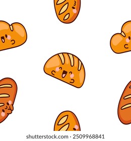 Lindo pan kawaii con cara sonriente. Patrón sin fisuras. Personajes de dibujos animados de comida de panadería. Estilo dibujado a mano. Dibujo de Vector. Diseña adornos.