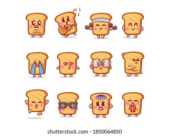 Cute and Kawaii Bread Sticker Illustration Set With Various Activity and Expression for mascot