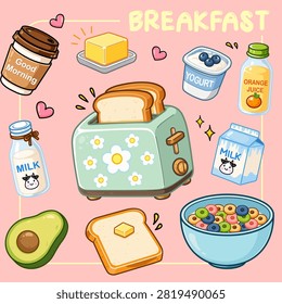 Cute Kawaii Breakfast Essentials Clipart Set with Coffee, Milk, Toaster, Yogurt and Orange Juice