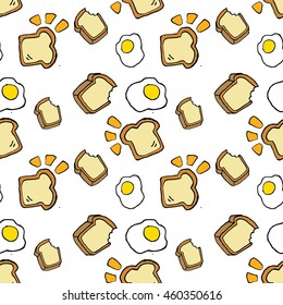 Cute Kawaii Breakfast Pattern Seamless Design Hand Drawn Random Arrangement Of Fried Eggs And Toast Bread On White Background 