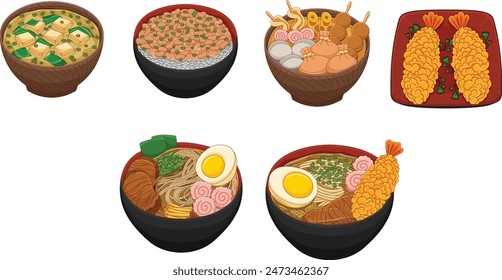 Cute Kawaii Bright Colour Japanese Cuisine Bowl of Ramen Bundle Vector. Japanese Dishes Bundle Vectors