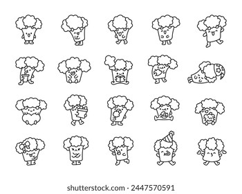 Cute kawaii broccoli character. Coloring Page. Funny cartoon food. Hand drawn style. Vector drawing. Collection of design elements.