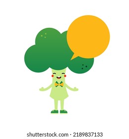 Cute kawaii broccoli character with empty, blank speech bubble for news, message, information design.

