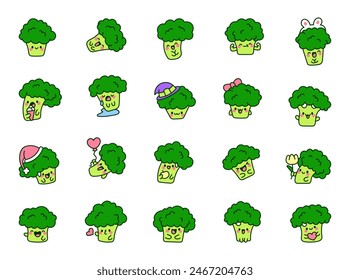 Cute kawaii broccoli with funny face. Adorable cartoon food character. Hand drawn style. Vector drawing. Collection of design elements.