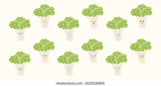 Cute kawaii broccoli vector stickers with funny faces and emotions: happy, sad, angry, surprised. Flat characters for kids, education, and healthy eating designs