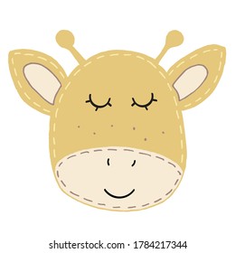 cute kawaii brown giraffe head with funny ears and horns, kids toy, decorative stitching seam vector element