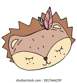 cute kawaii brown hedgehog with Indian feathers and ornaments, head with muzzle, color vector element, freehand drawing for children