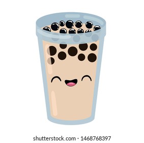 Cute kawaii bubble tea character, also known as boba. A happy milk tea mascot with tapioca pearls, perfect for a cafe menu, drink logo, or food sticker. Vector illustration isolated on white.
