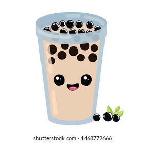 Cute kawaii bubble tea character, also known as boba. A happy milk tea mascot with tapioca pearls, perfect for a cafe menu, drink logo, or food sticker. Vector illustration isolated on white.