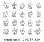 Cute kawaii bubble tea. Coloring Page. Milk cocktail with tapioca pearls. Boba drink cartoon characters. Hand drawn style. Vector drawing. Collection of design elements.
