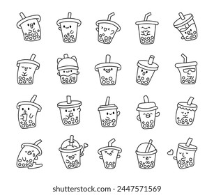 Lindo té de burbujas kawaii. Página para colorear. Cóctel de leche con perlas de tapioca. Boba bebe personajes de dibujos animados. Estilo dibujado a mano. Dibujo de Vector. Colección de Elementos de diseño.