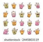 Cute kawaii bubble tea. Milk cocktail with tapioca pearls. Boba drink cartoon characters. Hand drawn style. Vector drawing. Collection of design elements.