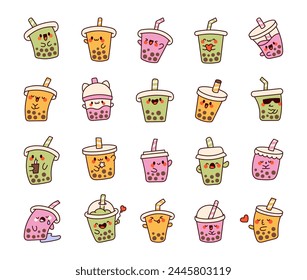 Cute kawaii bubble tea. Milk cocktail with tapioca pearls. Boba drink cartoon characters. Hand drawn style. Vector drawing. Collection of design elements.