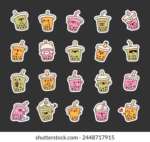 Cute kawaii bubble tea. Sticker Bookmark. Milk cocktail with tapioca pearls. Boba drink cartoon characters. Hand drawn style. Vector drawing. Collection of design elements.