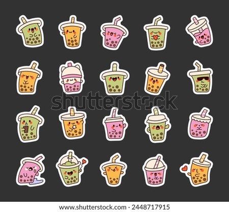 Cute kawaii bubble tea. Sticker Bookmark. Milk cocktail with tapioca pearls. Boba drink cartoon characters. Hand drawn style. Vector drawing. Collection of design elements.