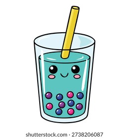 Cute Kawaii Bubble Tea Vector Illustration with Smiley Face and Colorful Boba