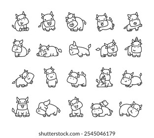 Cute kawaii buffalo cartoon characters in different adorable and funny poses for playful animal themed illustrations and joyful childrens designs