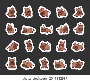 Cute kawaii buffalo cartoon characters in different adorable and funny poses for playful animal themed illustrations and joyful childrens designs