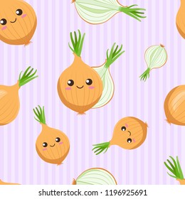 cute kawaii bulbs of onions with smiling faces, eyes and green arrows of onion, whole and sliced, on purple background, seamless vector pattern