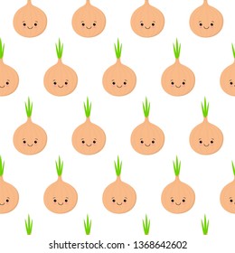 cute kawaii bulbs of onions with smiling faces, eyes and green arrows of onion, on white background, seamless vector pattern