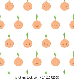 cute kawaii bulbs of onions with smiling faces, eyes and green arrows of onion, on white background, seamless vector pattern