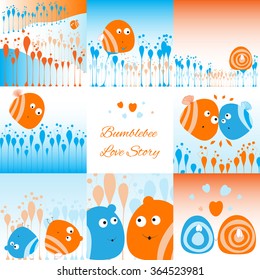 Cute kawaii bumblebee love story. Set of vector pictures.