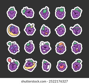 Lindo racimo de uvas kawaii. Marcador de pegatinas. Adorable carácter alimenticio. Estilo dibujado a mano. Dibujo de Vector. Colección de Elementos de diseño.