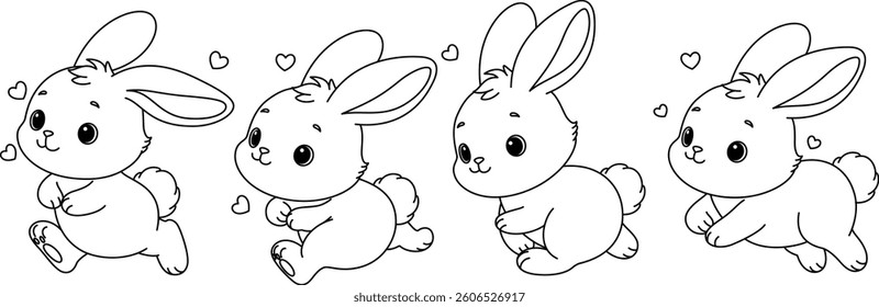Cute kawaii bunnies cartoon character coloring page vector illustration