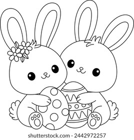 Cute kawaii bunnies is hugging a decorated Easter egg cartoon character coloring page vector illustration for kids