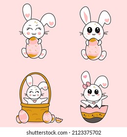 Cute kawaii bunnies. Images for Easter, St. Patrick's Day, etc. Vector kawaii cartoon set.