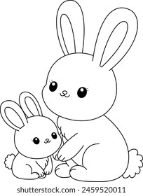 Cute kawaii bunny and baby cartoon character coloring page vector illustration. Pet animal, mothers day colouring page for kids