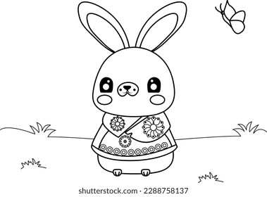 Cute Kawaii Bunny  Black And White Vector Illustration Coloring Page For Coloring Book
