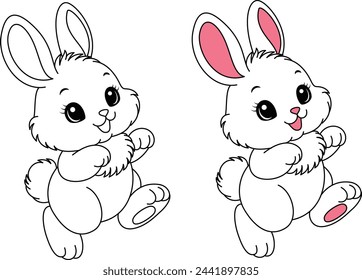 Cute kawaii bunny cartoon character coloring page vector illustration