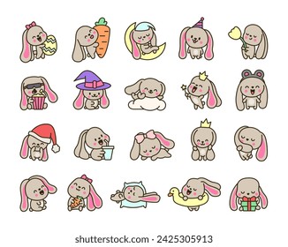 Cute kawaii bunny. Cartoon little rabbit characters. Hand drawn style. Vector drawing. Collection of design elements.