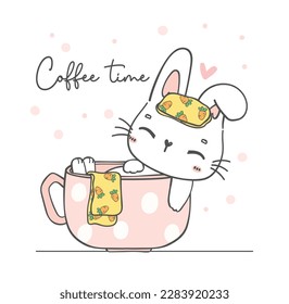 Cute kawaii bunny in a cup cartoon illustration. Perfect for greeting cards, nursery art, and more. Delight in the whimsical charm of this cute, cuddly character.