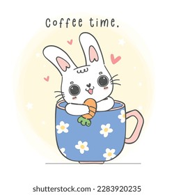 Cute kawaii bunny in a cup cartoon illustration. Perfect for greeting cards, nursery art, and more. Delight in the whimsical charm of this cute, cuddly character.