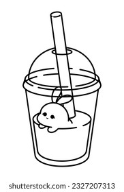 Cute Kawaii Bunny with Fruity Smoothie. Vector Line Art. illustration featuring a cute kawaii style bunny enjoying a milky fruity sweet smoothie in a plastic cup, black lines on a white background.