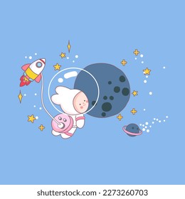 Cute Kawaii Cute bunny funny Sweet rabbit Astronaut with Rocket and Earth star