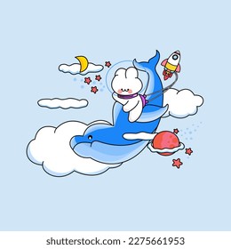 Cute Kawaii Cute bunny funny Sweet rabbit Astronaut with Rocket and Earth star sticker phone Dolphins
