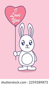 A cute kawaii bunny with a heart shaped balloon Valentine's day card