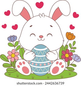 Cute kawaii bunny is hugging a decorated Easter egg cartoon character on flower background vector illustration for kids