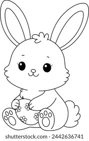 Cute kawaii bunny is hugging a decorated Easter egg cartoon character coloring page vector illustration for kids